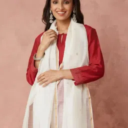 Fabindia White Cotton Silk Regular Fit Woven Dupatta-image-24