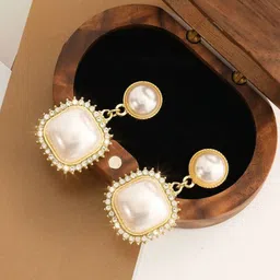 Celestria korean Gold-Plated Artificial Beaded Contemporary Drop Earrings-33