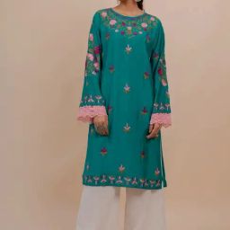 House of Kari Falak Kashmiri In Turquoise Blue Muslin With Aari Long Kurta-picture-17