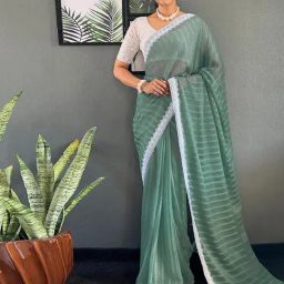 Satrani Green Chiffon Striped Saree With Unstitched Blouse-picture-30