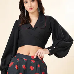 AKKRITI BY PANTALOONS Women Solid Mandarin Collar Puff Sleeve Crop Top-image-46
