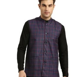 Sojanya Navy & Red Checks Nehru Jacket-image-98
