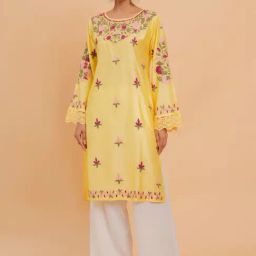 House of Kari Falak Kashmiri In Yellow Chanderi Silk With Aari Long Kurta-25