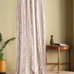 Peepul Tree Off White Cotton Floral Curtain (7 ft)-image-89