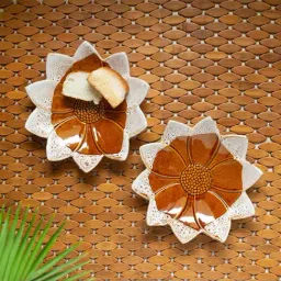 ExclusiveLane 'Rustic Sunflower' Off-White & Rust Brown Ceramic Serving Platter - Set of 2-picture-1