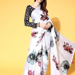Blissta White Floral Print Saree With Unstitched Blouse-picture-14