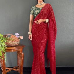 Satrani Red Georgette Printed Saree With Unstitched Blouse-image-43
