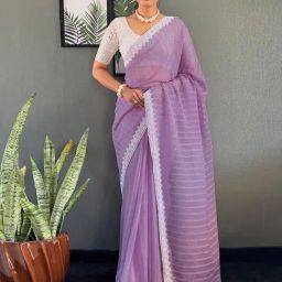 Satrani Lavender Chiffon Striped Saree With Unstitched Blouse-image-24