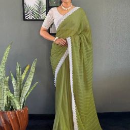 Satrani Green Chiffon Striped Saree With Unstitched Blouse-image-68