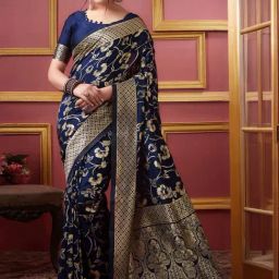 Satrani Navy Woven Saree With Unstitched Blouse-image-13
