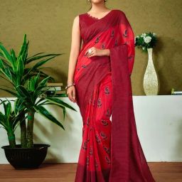 Satrani Red Chanderi Cotton Printed Saree With Unstitched Blouse-image-3