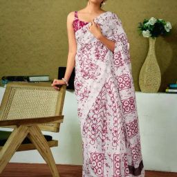 Satrani White Chanderi Cotton Printed Saree With Unstitched Blouse-picture-49