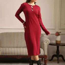 Globus Women Maroon Keyhole Neck Long Sleeves Side Slit Ribbed Midi Bodycon Dress-picture-31