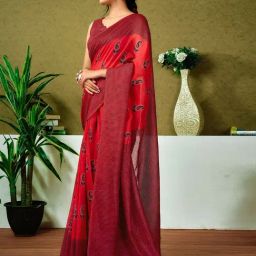 Satrani Red Chanderi Cotton Printed Saree With Unstitched Blouse image 3