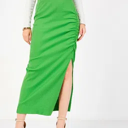 SASSAFRAS Ribbed Front Ruched Midi Skirt-33