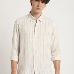 The Bear House Beige Slim Fit Striped Shirt-image-34
