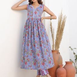 Janasya Women Blue Pure Cotton Floral Printed Anarkali Kurta Pant Set-10