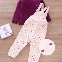 Babyoye Cotton Full Sleeves Top with Dungaree Style Romper Polka Dot Print - Purple Cream-image-36