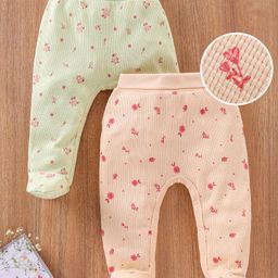 Babyoye Cotton Waffle Knit Bootie Leggings Floral Print Pack of 2 - Light Green Peach-image-77