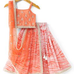 Babyhug Sleeveless Embrodered Choli with Laheriya Sequenced Lehenga and Dupatta Set - Orange-image-19
