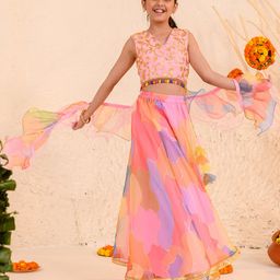 Pspeaches Sleeveless Leaf Swirl Embroidered & Shell Hem Embellihshed Choli & Abstract Designed Lehenga With Dupatta - Orange-image-5