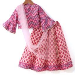 Babyhug Cotton Woven Three Fourth Sleeves Choli With Embroidered Lehenga and Dupatta Set Floral Print - Peach-image-36