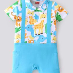 Babyhug 100% Cotton Knit Half Sleeves Romper Giraffe Print - Blue-image-34