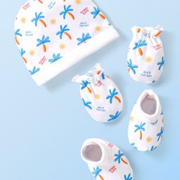 Babyhug 100% Cotton Cap Mittens & Booties Tropical Print White - Diameter 10 cm-14