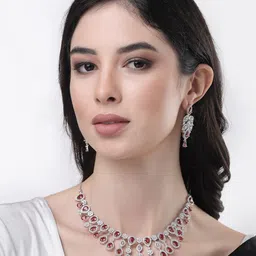 NVR women silver plated Red CZ stone handcrafted jewellery set - Red-picture-31