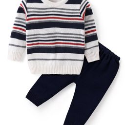 Babyhug Knit Full Sleeves Sweater & Pant Set Stripe Design - White & Navy Blue-image-48