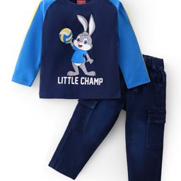 Babyhug Single Jersey Knit Raglan Sleeves T-Shirt & Denim Pants Set With Bunny Print - Blue-picture-12