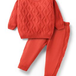 Babyhug Knit Full Sleeves Sweater Set with Cable Knit Design - Orange-image-81