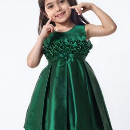 Babyhug Woven Sleeveless Solid Colour Party Frock with Textured Yoke & Corsage - Dark Green-image-96