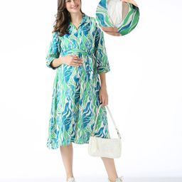 Bella Mama Woven Three Fourth Sleeves Maternity Shirt Dress with Side Pocket Abstract Print -Green-image-80