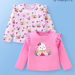 Babyoye Full Sleeves Cotton Tops with Teddy Print & Frill Detailing Pack of 2 - Pink-image-37