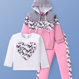 Kookie Kids Full Sleeves Winter Wear Sweatshirt & Lounge Pant Set with Hooded Jacket & Cheetah Theme Print- Pink-24