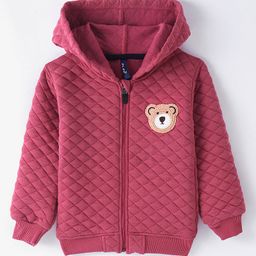 Little Kangaroos Fleece Knit Full Sleeves Front Open Hooded Sweatjacket with Bear Embroidery & Quilted Design - Wine-image-90