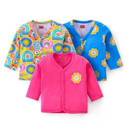 Babyhug 100% Cotton Knit Full Sleeves  Front Open Jhablas with Floral & Stamp Print Pack of 3 - Red & Blue-image-28
