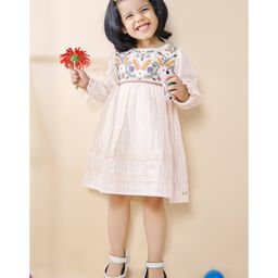 Tiny Twills Khadi Cotton Three Fourth Puffed Sleeves Floral Embroidered Striped & Lace Embellished Dress - Beige-image-67