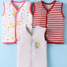 OHMS Single Jersey Knit Sleeveless Jhablas With Stripes & Polka Dot Print Pack OF 3 - Red White & Grey-image-37