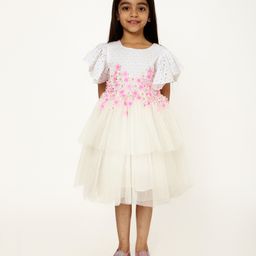 A Little Fable Half Frill Sleeves Schiffli Embroidered & Floral Appliquie Detailed Dress - White-image-10