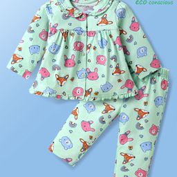 Babyoye 100% Cotton Knit Full Sleeves Peter Pan Collar Night Suit with Bear Print - Mint Green-image-31