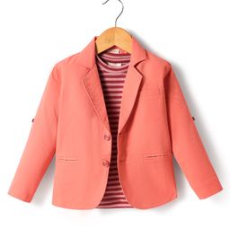Rikidoos Full Sleeves Solid Blazer With Striped Tee - Peach & Maroon-image-58