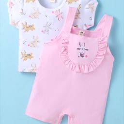 ToffyHouse Dungaree with Half Sleeves Inner Tee Bunny Print & Embroidery - Pink & White-image-83