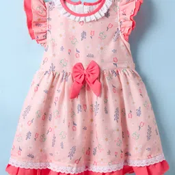 Twetoons Cotton Knit Frill Sleeves Frock With Bow Applique & Floral Print - Peach-picture-8