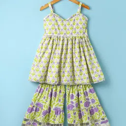 TEENTAARE Cotton Woven Sleeveless Kurta Sharara Set With Floral Print - Green-picture-39