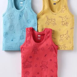 Simply Sinker Knit Sleeveless Vests With Animal Print Pack Of 3 - Light Blue Yellow & Red-image-80