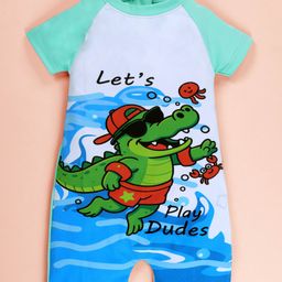 Kiddopanti Half Raglan Sleeves Dinosaur Printed Legged Swimsuit - Aqua Blue & White-image-81