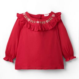 Babyhug Woven Full Sleeves Top with Floral Embroidery with Frill Detailing - Red-image-35