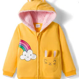 Babyhug Cotton Knit Full Sleeves Hooded Sweatjacket With Rainbow Graphics & Cat Embroidery - Yellow-picture-9